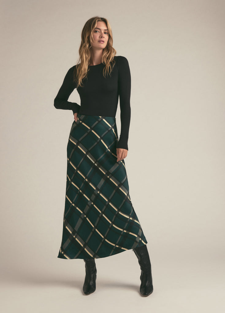 スカート Melange Flannel Skirt - GREEN Sophisticated Plaid A-Line Midi Skirt in Dark Green - Retro