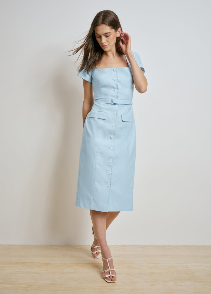light blue dress with buttons Ladyful Women Casual Button Down Shirt Dress Short Wing Sleeve Buiness Midi Shirt Dress with Belt Elegant Dress Light Blue at Amazon Women's Clothing store