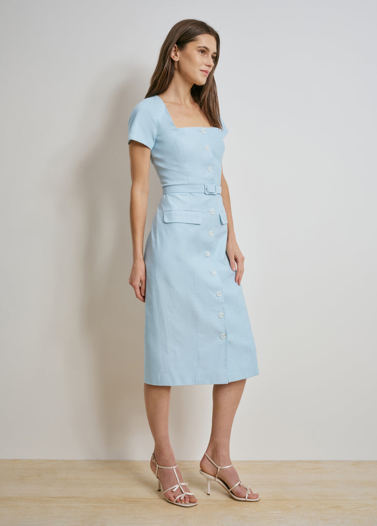 mademoiselle dress The sea Blue 12 by Favorite Daughter 100% Textured Cotton Midi Pencil Dress size M Self Rosa Off-Shoulder Leather Dress Color:Canyon Sunset long dressing gowns House cb
