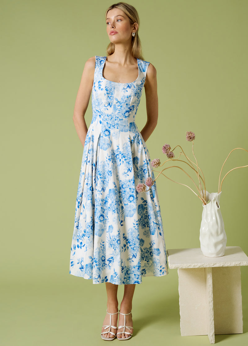 The Muse Dress Blue and White Floral 2 by Favorite Daughter, 98% Cotton, Women's Dress