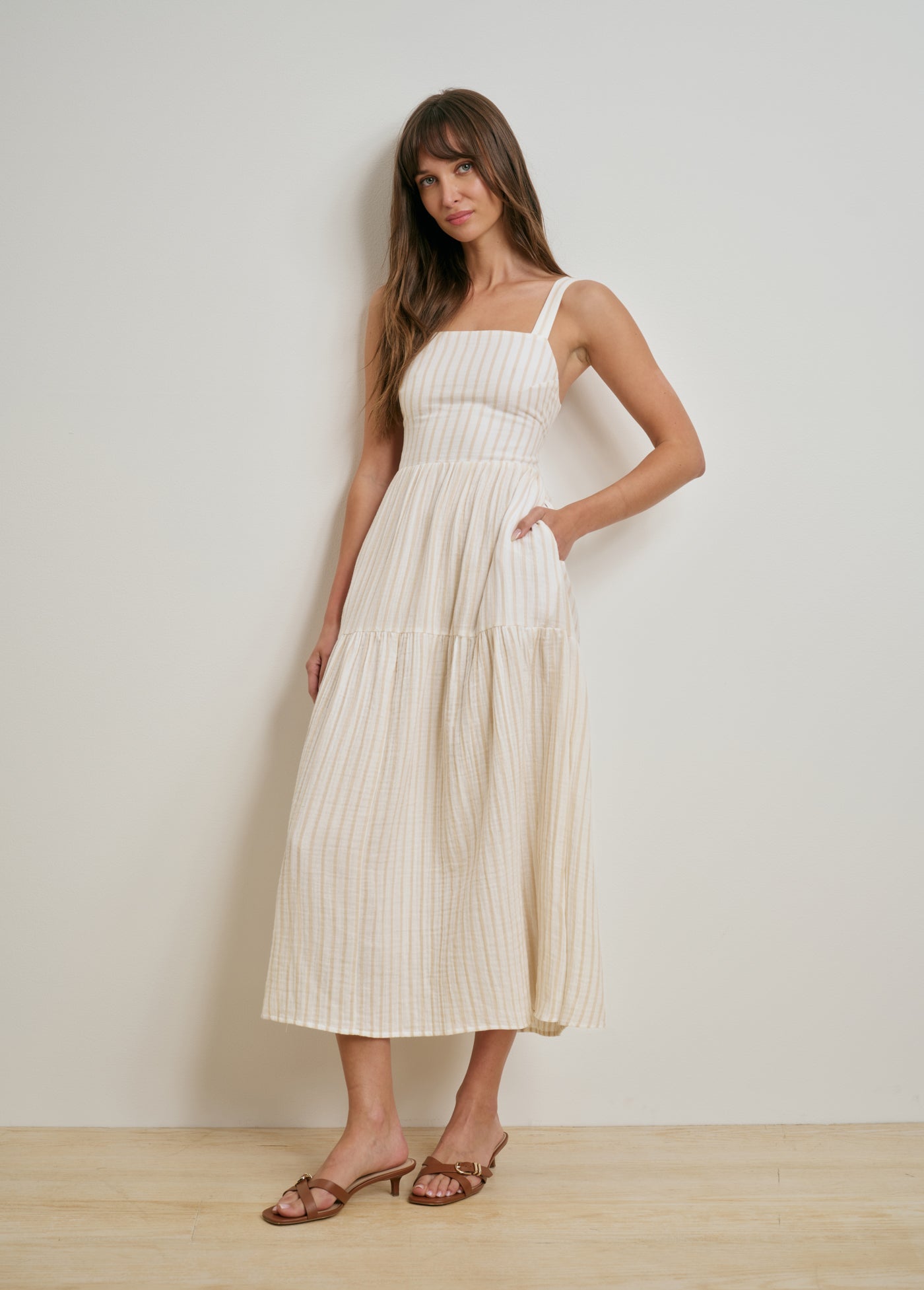 The Go To Dress Light Khaki Stripe for Women, 100% Cotton, Size L